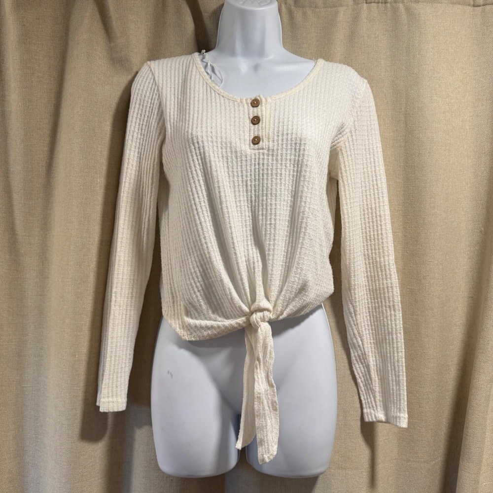 Paper Crane Waffle Knit Tie Front Top Long Sleeve Cream Button Up‎ Casual XS